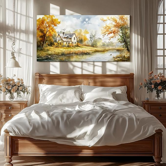 SERIMINO Autumn Nature Landscape Wall Art, Riverside Cottage Scenic Large Artwork, Rustic Farmhouse Oversized Wall Prints, Pastoral Canvas Paintings Wall Decor Living Room Bedroom Dining Room 29"X57"