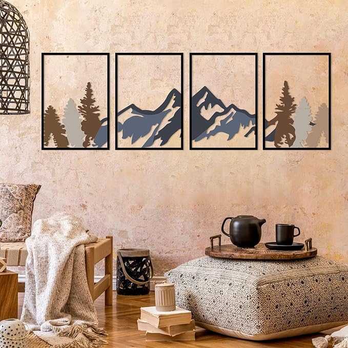ESTART 4 Pcs Metal Mountain and Forest Wall Decorations Line Drawing Wall Art Minimalist Wall Decor Rustic Nature Home Wall Art Sculpture For Living Room Bedroom Office (Mountain Forest Large)