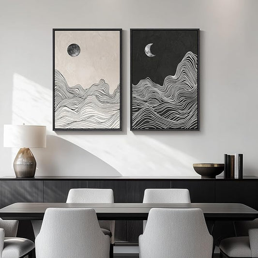 Framed Black and White Abstract Wall Art, 2 Piece Modern Canvas Prints