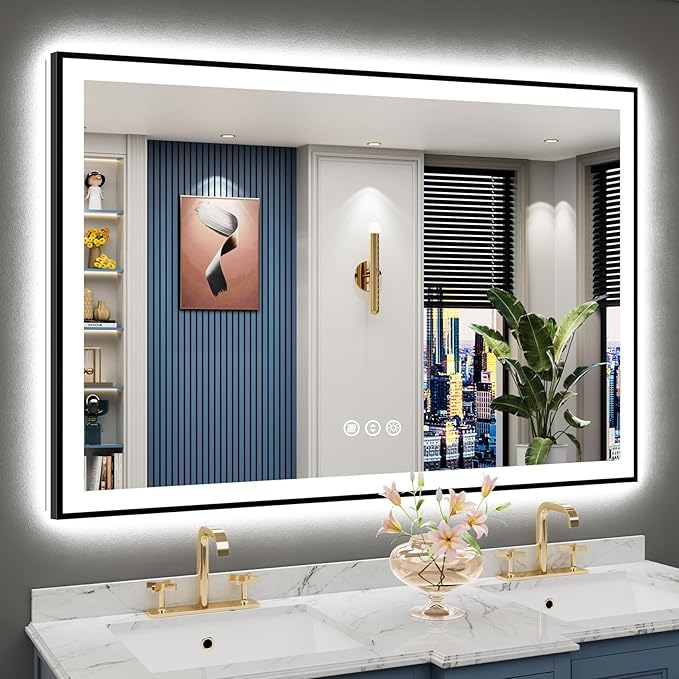 55x36 Black Framed LED Bathroom Mirror
