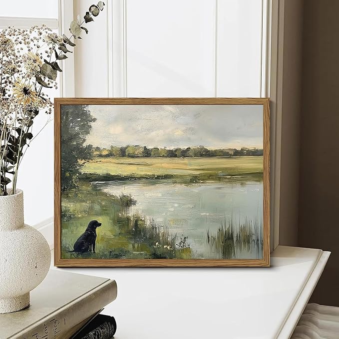 Framed Vintage Hunting Black Dog Wall Art, Rustic Country Nature Landscape