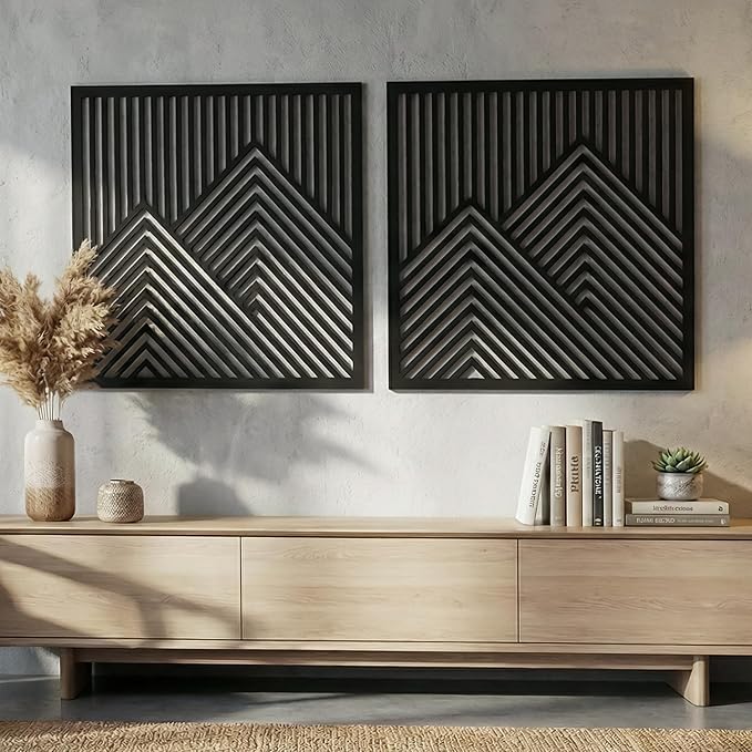 River's Edge Essentials Wood Mountain Wall Decor – Set of 2 Modern Wood Wall Art