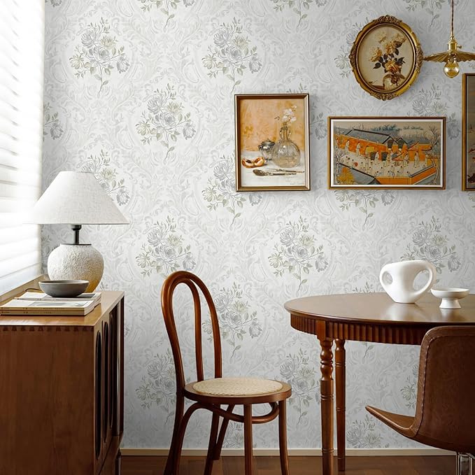 Ismoon Floral Peel and Stick Wallpaper Vintage White and Grey Contact Paper