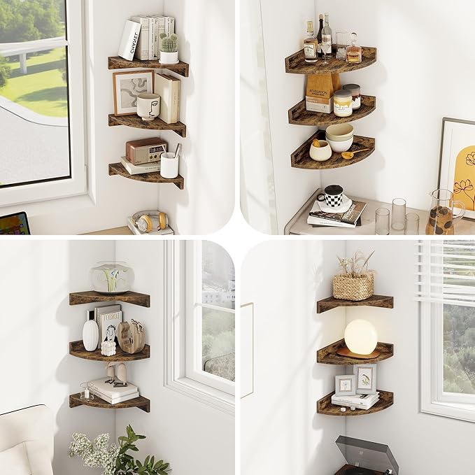 Corner Shelves 3-Pack for Bathroom & Kitchen, Space-Saving Floating Corner Wall