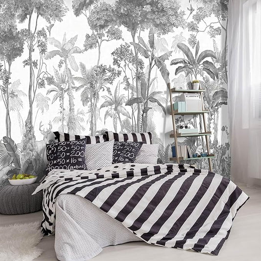 -Grey Jungle Botanical Animal Banana Leaf Fabric Wallpaper Living Room Tropical