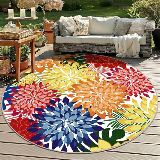 ZonLi Colorful Outdoor Rug 6x6Ft Waterproof Multicolored Indoor Area Rug Washable Outdoor Patio Rugs Tropical Floral Non Slip Outdoor Carpet for Living Room, Pool,Backyard,Deck,Camping