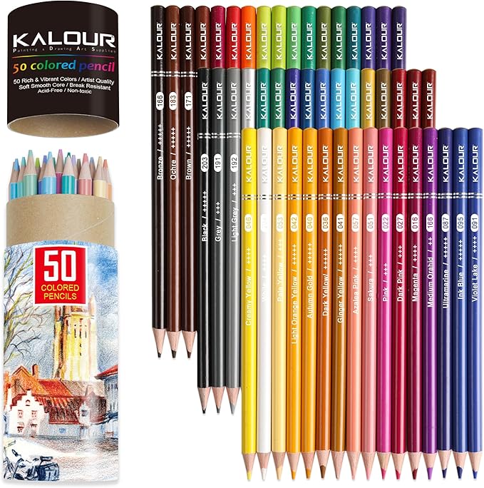 KALOUR Premium Colored Pencils,Set of 50 Colors,Artists Soft Core with Vibrant Color,Ideal for Layering Blending Shading,Color Pencils for Adults Beginners Coloring Book…