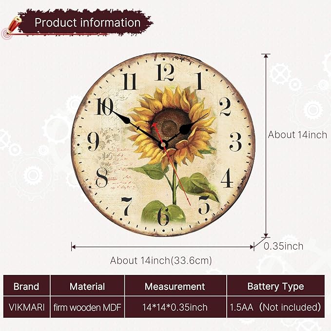 VIKMARI Art Decorative Arabic Numeral Wooden Wall Clock Battery Operated Quartz