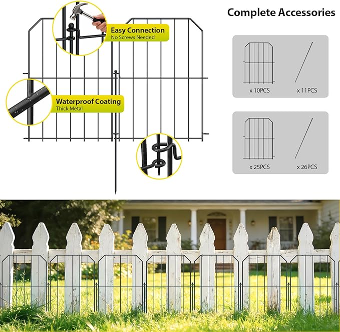 VANCASTLE Decorative Garden Fence, Toatal 10FT(L) x 24IN(H) Outdoor Metal No Dig Fence Animal Barrier, Rustproof No-Tool Assembly Landscape Edging for Yard, Lawn, Patio, Flower Bed-10 Panels Design A