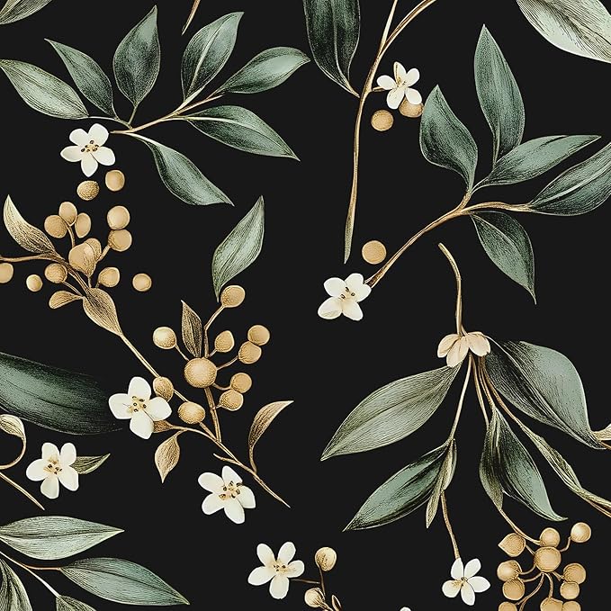 Extra Long Dark Peel and Stick Wallpaper 17.5" x 393" – Vintage Floral Green
