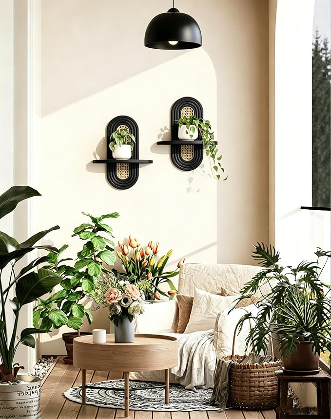 Floating Shelves for Wall, Boho Home Wall Decor, Rattan Plant Shelf Set of 2