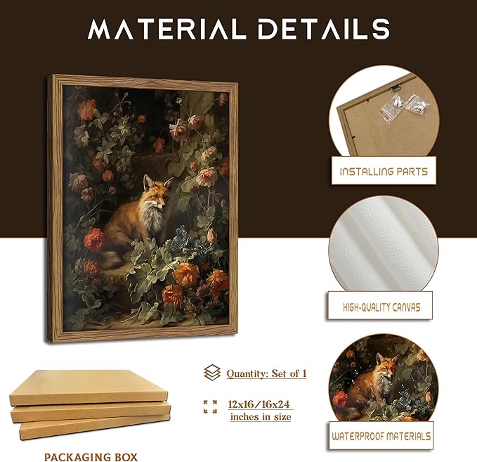 Framed Dark Academia Fox Canvas Wall Art, Sitting Fox Surrounded by Flowers