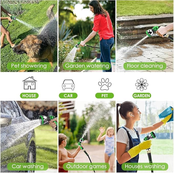 Garden Hose 100 ft, Non-Expandable Ultra-Lightweight Flexible Hose with 360° Dual-End Anti-Kink Design, 10-Pattern Spray Nozzle, 500 PSI Leak-Proof, 96-Strand Braided Fabric, Storage Strap