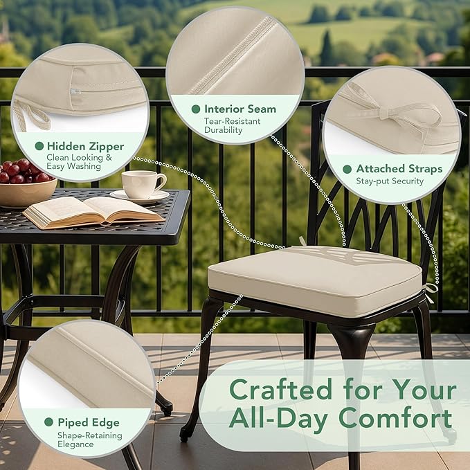 Outdoor Chair Cushions Set of 2: Waterproof & Fade Resistant Patio Furniture Cushions - 17 x 16 x 2 Inch Non Slip Round Corner Seat Cushion Pads with Removable Cover for Garden Yard Lawn, Cream