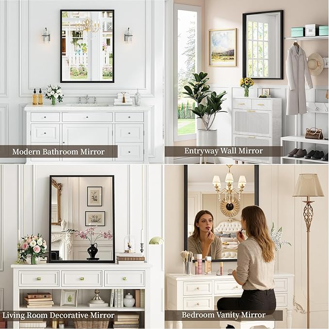 Syndra Black Wood Frame Bathroom Mirror, Waterproof Slim Deep Frame,