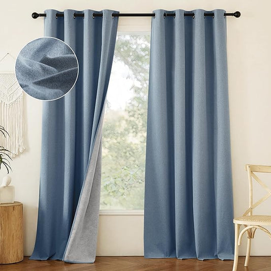 NICETOWN Stone Blue Full Shade Faux Linen Curtain Panels 90" Long, Pair of