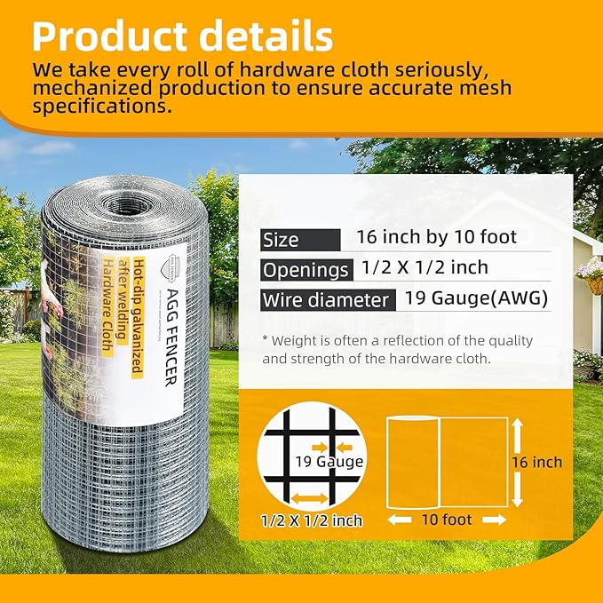 16inch x 10ft Hardware Cloth 1/2 inch Chicken Wire Fencing 19Ga, Hot Dipped Galvanized After Welding Garden Plant Supports Welded Metal Chicken Wire Fence, Poultry Animal Netting Cage Screen