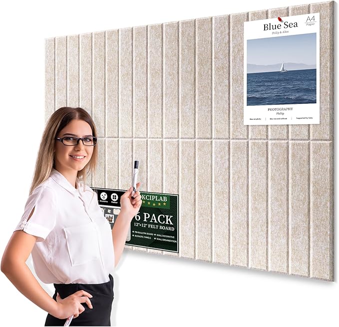 Large Cork Bulletin Board for Wall 36"x24", 6 Pack Felt Slat Wall Panel Tiles