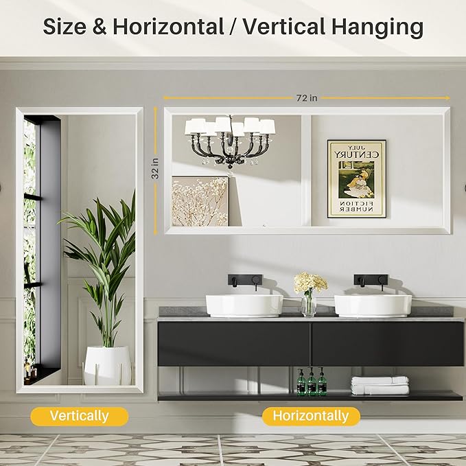 72x32 Inch White Bathroom Mirror