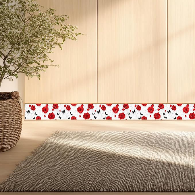 IVN Red Rose Black Butterfly Peel and Stick Wallpaper Border 4 x 196 Inch Self