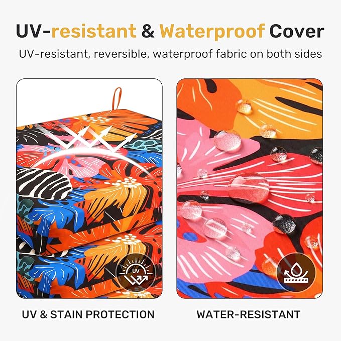 UNIKOME Outdoor Chair Cushions Pack of 4, Water Resistant Patio Cushions with Ties, High Density Sponge Filling Square Corner Seat Cushions for Outdoor Furniture, 18.5"*16"*3", Colored Flower