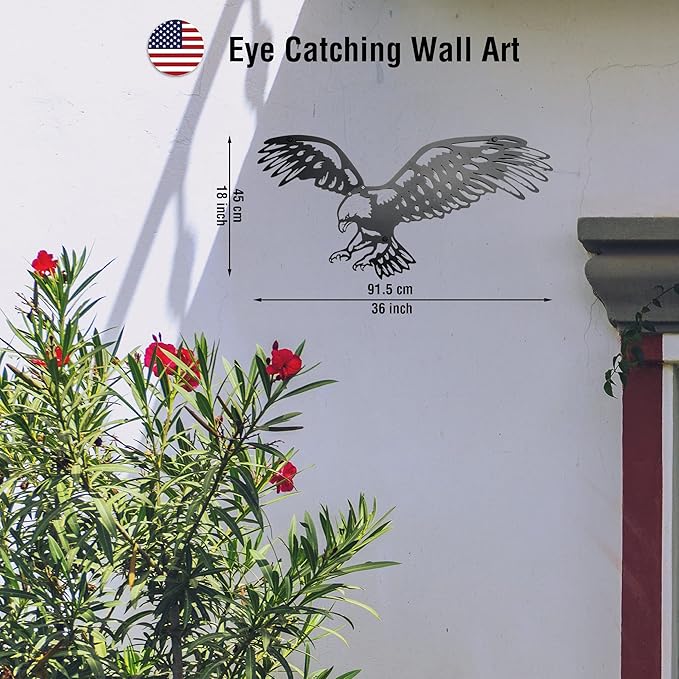 Bald Eagle Metal Wall Art – Black Patriotic Eagle Decor, Metal Wall Hanging for Indoor Outdoor Home, Garage, Man Cave, Rustic Wildlife Gift for Men