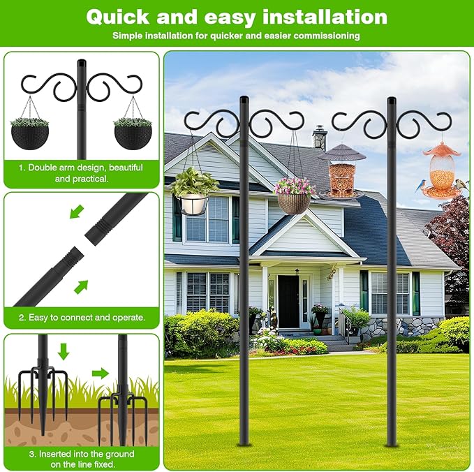 RCUICA Double Shepherds Hooks for Outdoor,2 Pack 90 Inch Bird Feeder Pole with 5 Prongs Base,Heavy Duty Shepherds Hook,Suitable for Garden in Hanging Flower Basket,Lantern,Bird Nests (90 Inch)