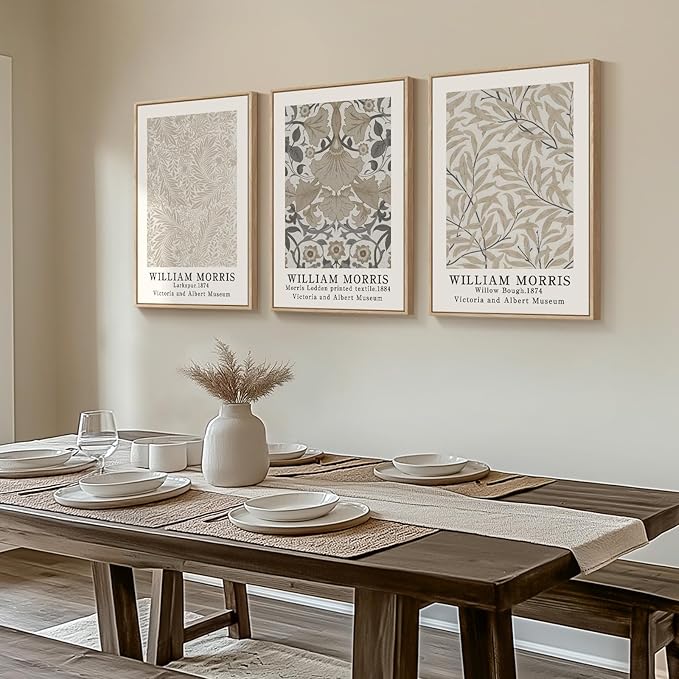 Framed Large William Morris Canvas Wall Art Set of 3, Vintage Neutral Botanical