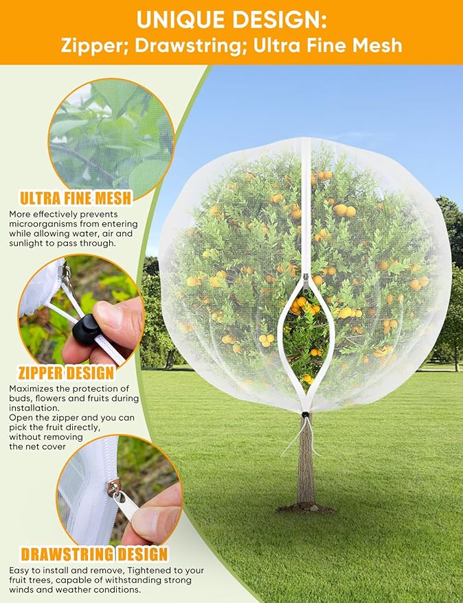 VITI Fruit Tree Netting for Cicadas - with 4Pcs 6Ftx5.3Ft Zipper&Drawstring Protection for Your Fruit Trees Garden Bird Netting Covers Blueberry Bush Tomato Bug Plant Protection Cherry Apple Tree