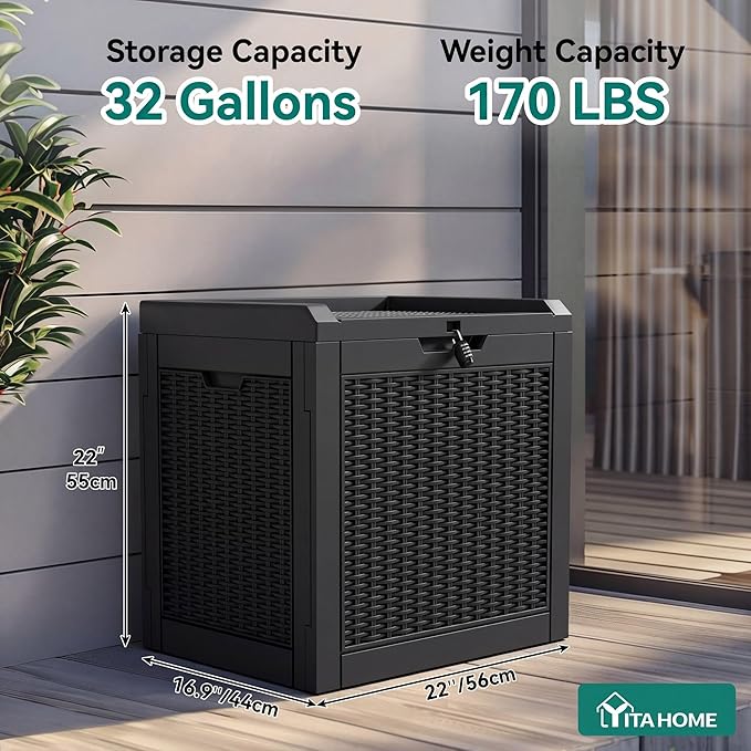 YITAHOME 32 Gallon Outdoor Storage Box, 2-Pack Water Resistant Resin Deck Box, Indoor Outdoor Lockable Storage Container for Patio, Garden, Cushions, Tools, Equipment (Black)