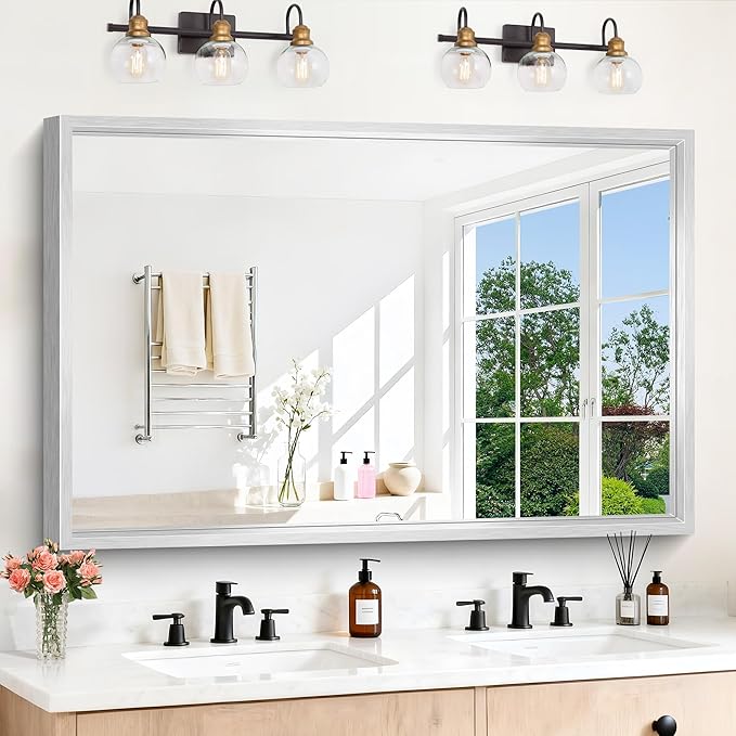 60"x40" Brushed Silver Bathroom Mirror, Large Rectangular Mirror