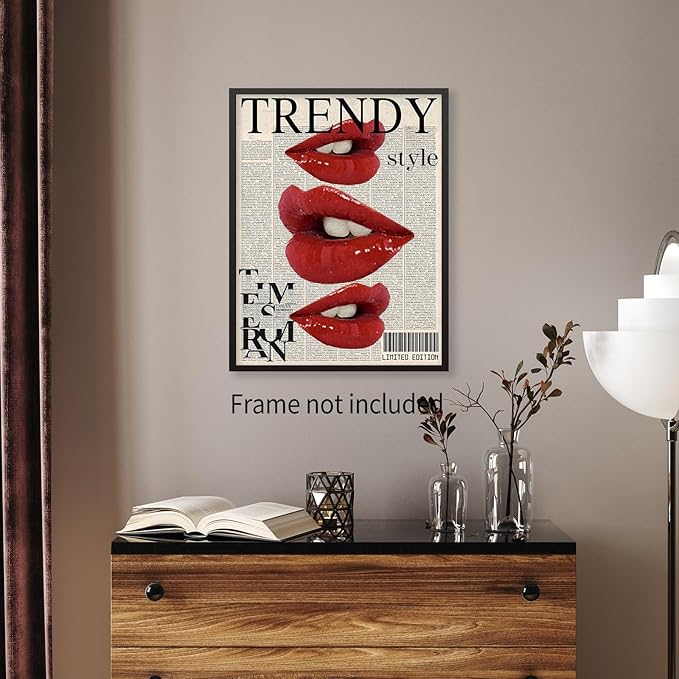 jkahh Trendy Y2k Newspaper Wall Art Vintage Red Lips Kiss Prints Poster Fashion