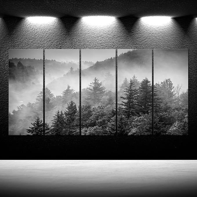 iKNOW FOTO 5-Piece X-Large Canvas Wall Art Set Black and White Misty Forest &