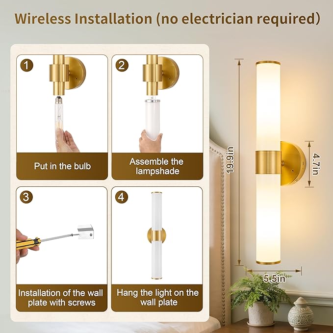 Morauroral Gold Battery Operated Wall Sconces Set of 2, Rechargeable Wall Lights