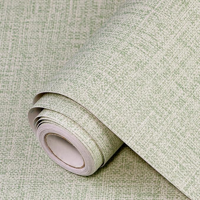 Green Grasscloth Peel and Stick Wallpaper 17.3"x300" Faux Linen Textured
