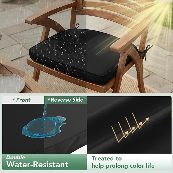 Outdoor Chair Cushions Set of 4: Waterproof & Fade Resistant Patio Furniture Cushions - 17 x 16 x 2 Inch Non Slip Round Corner Seat Cushion Pads with Removable Cover for Garden Yard Lawn, Black