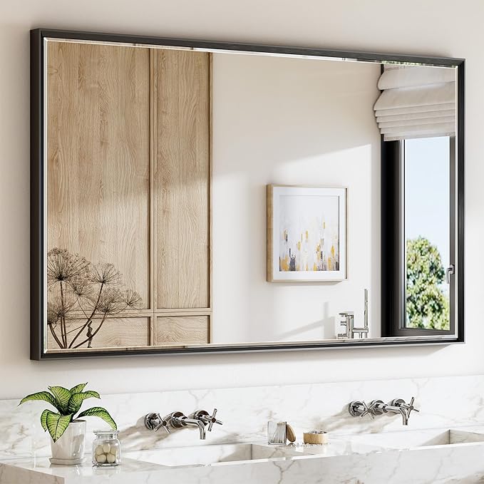 60 x 36 Black Framed Mirror for Bathroom, Beveled Black Bathroom Vanity Mirror