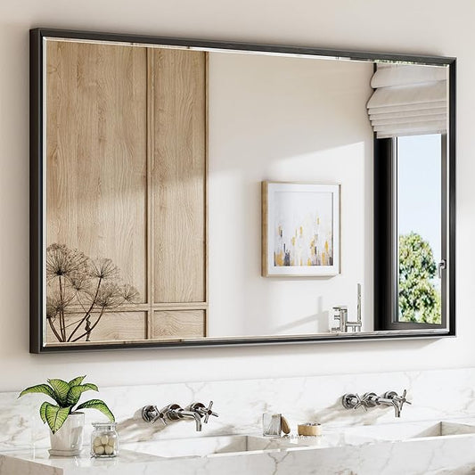 60 x 36 Black Framed Mirror for Bathroom, Beveled Black Bathroom Vanity Mirror
