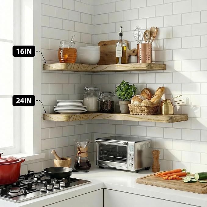 16 Inch Solid Wood Floating Corner Shelves 3 Pack