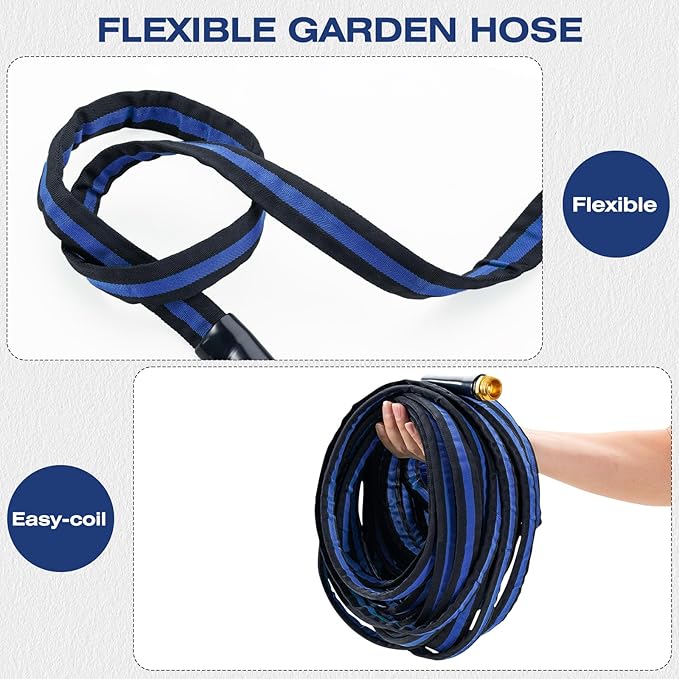 Ultra Lightweight 75FT Garden Hose - Heavy-Duty Kink-Free Flexible Hose, Non-Expanding Design with Aluminum Brass Fittings, Crush-Proof for Yard/Lawn/Outdoor Use(black-blue, 75 FT)