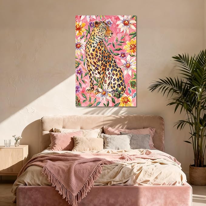 YETHEN WAL Pink Jungle Leopard Wall Art Floral Animal Canvas Prints Tropical Artwork for Bedroom Living Room Office Decor 32x48 Inch
