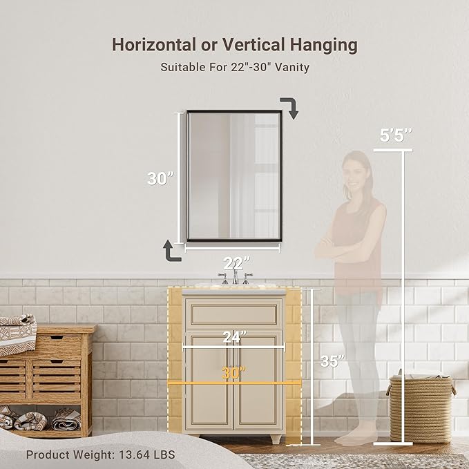 Black Framed Mirror for Bathroom, 22x30 Inch Black Rectangle Beveled Bathroom