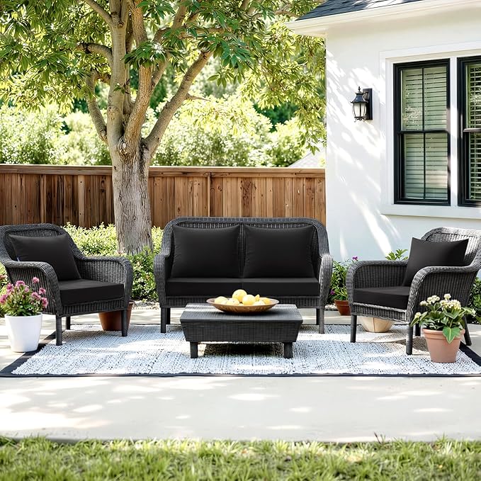 MIULEE Black Outdoor Chair Cushion 22x22 Inch for Patio Furniture Linen Textured Waterproof & 3 Year Color Fastness Seat and Back Couch Cushion with Ties No Slip Design