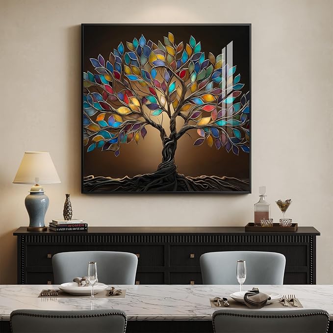 Framed Square Tree of Life Wall Art, Modern Contemporary Tree Painting Prints