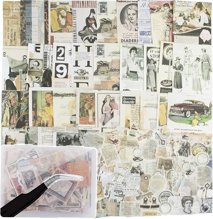 200Pcs Vintage Scrapbook Stickers, Aesthetic Junk Journal Stamping Supplies Kit, Scrapbooking Ephemera Washi Paper for Bullet Journaling Planners Diary Collage
