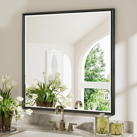 Black Framed Mirror for Bathroom 36x36 Inch Square Beveled Bathroom Mirror