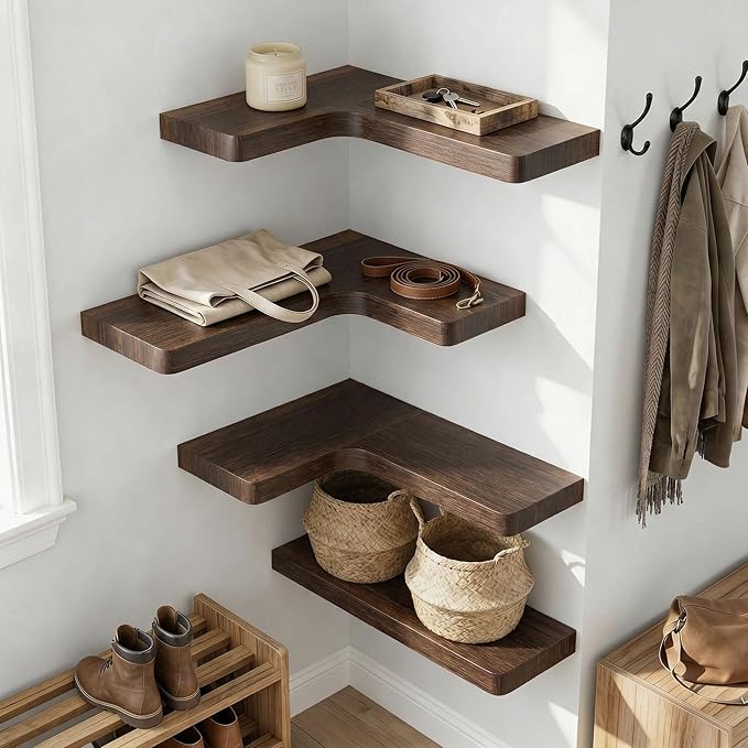 16 Inch Solid Wood Floating Corner Shelves 3 Pack