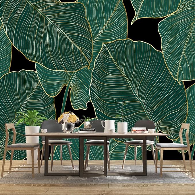 Black and Gold Leaf Mural Bedroom Tropical Green Botanical Wallpaper Room Plant