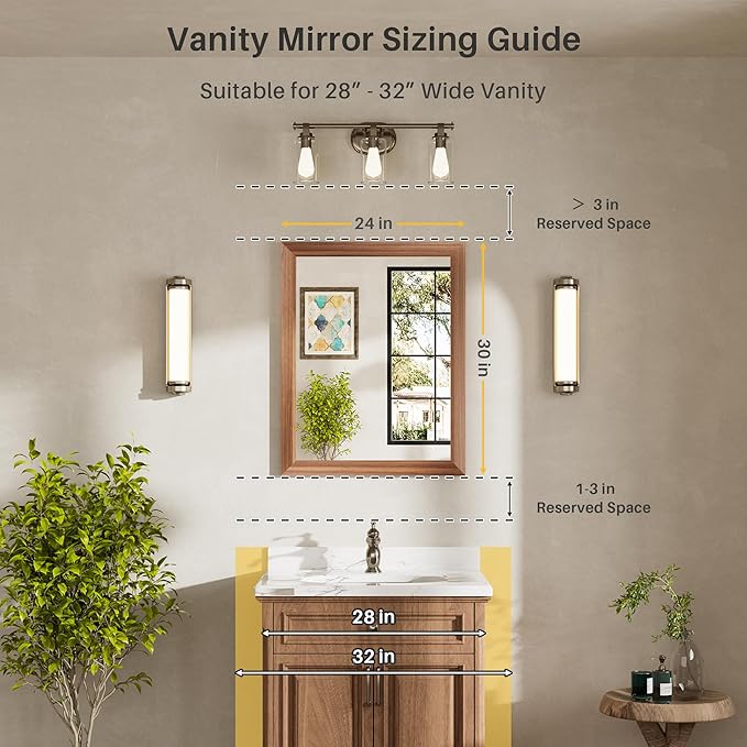 24x30 Inch Bathroom Mirror for Wall, Anti-Rust Walnut Wood Grain Metal Framed