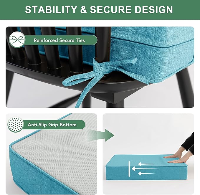 Summsun Faux Linen Outdoor Chair Cushions, Water Resistant Backrest and Deep Seat Cushion Set with Removable Cover, Straps, Non-Slip Bottom for Patio Furniture, 24 x 24 Inch, Teal, Set of 2